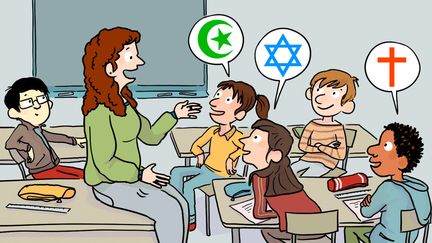 Dans le dossier de la semaine, on te parle d'un jeu en classe pour comprendre ce que sont les religions et la laïcité. (ZELDA ZONK / ASTRAPI / BAYARD JEUNESSE)