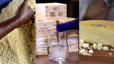 De gauche à droite, l'attiéké ivoirien, le saké japonais et le queijo minas brésilien figurent désormais sur la liste du patrimoine immatériel de l'Unesco. (ISSOUF SANOGO / AFP / TAKUYA MATSUMOTO / YOMIURI / THE YOMIURI SHIMBUN / RENATA GARBOCCI / MINAS GERAIS CULTURE DEPARTMENT SECULT-MG)